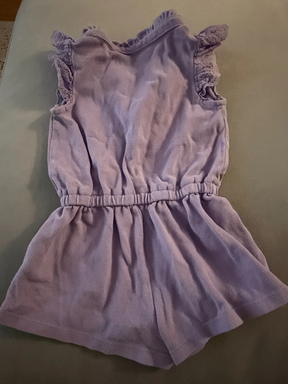 Ralph Lauren Lavender Pique Girls' Romper with Lace Sleeves